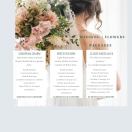 Wedding flowers packages poster with a bride holding a pastel bouquet