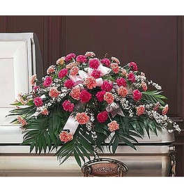Pink and peach carnation casket spray with white filler flowers and ribbons on a closed casket