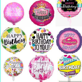 Assorted birthday balloons with colorful printed designs and messages.