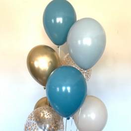 Cluster of blue, gold, and white balloons with polka-dot prints