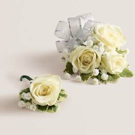 Corsage & Boutonniere Set (Silver Bow)