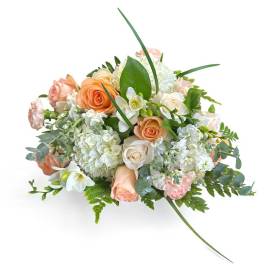 Peach and white rose bouquet with hydrangeas and greenery