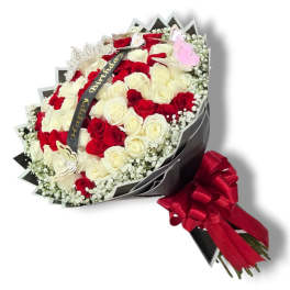 Bouquet of red and white roses with a birthday ribbon and red bow