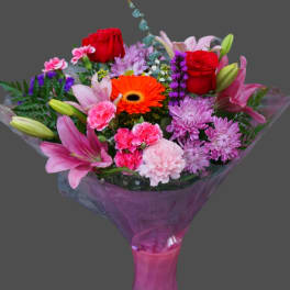 Mixed bouquet with lilies, roses, gerbera daisy, and chrysanthemums