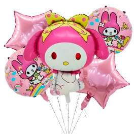 Pink character balloons with star balloons and a My Melody design