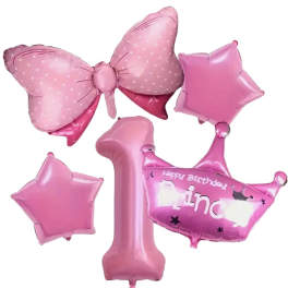 Pink birthday balloons shaped like a butterfly, stars, and a number one