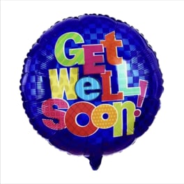 Round blue balloon with colorful "Get Well Soon" text