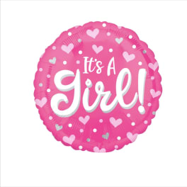 Pink round balloon with hearts and the words "It's A Girl!"