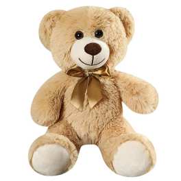Tan teddy bear with a gold ribbon bow on a white background