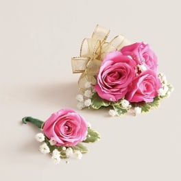 Hot Pink Corsage & Boutonniere Set (Gold Bow)