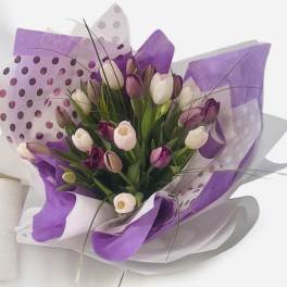 Bouquet of purple and white tulips wrapped in purple paper