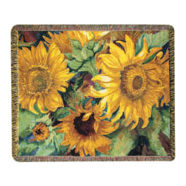 Sunflower-patterned woven blanket with a fringed border