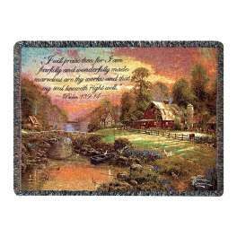 Fringed throw blanket with a pastoral barn and scripture print