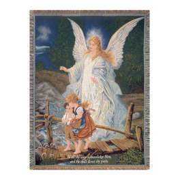 Woven tapestry of an angel guiding two children across a bridge