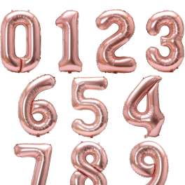 Rose gold number balloons from 0 to 9 on a white background