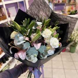 Lily & Lisianthus Dark Wrap Bouquet