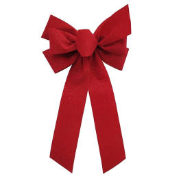 Red glitter ribbon bow with long tails on a white background