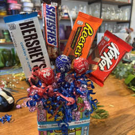 Candy bouquet with Hershey's, Snickers, Reese's, and Kit Kat bars