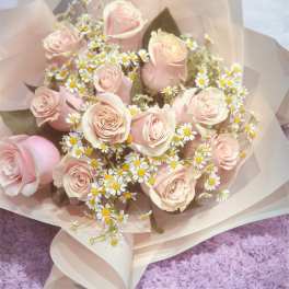 Bouquet of pale pink roses and small white daisies in blush wrapping
