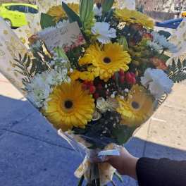 Bouquet of yellow gerbera daisies and white flowers wrapped in patterned paper