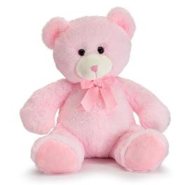 Pink teddy bear with a ribbon bow sitting on a white background