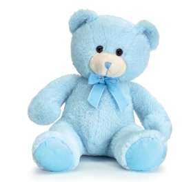 Light blue teddy bear with a ribbon bow on a white background