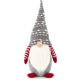 Plush gnome with a tall gray hat, white beard, and red striped arms and feet