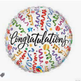 Round balloon with colorful confetti and the word congratulations