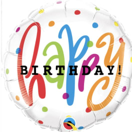 Round birthday balloon with colorful confetti dots and "Happy Birthday" text