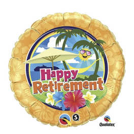 Round balloon with "Happy Retirement" text and tropical beach graphics