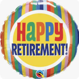 Round multicolor balloon reading "Happy Retirement!"