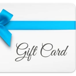 White gift card with a blue ribbon bow