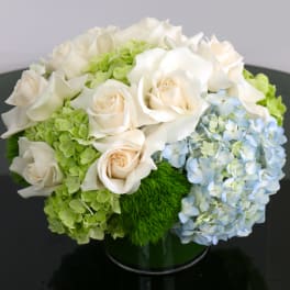 White roses and hydrangeas in a low glass vase with blue accents