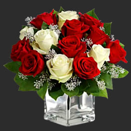 Red and white roses arranged in a clear square vase