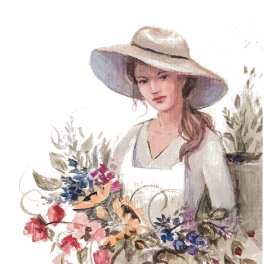 Painting of a woman in a wide-brim hat holding colorful flowers