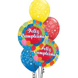 Cluster of colorful birthday balloons with "Feliz Cumpleaños" text
