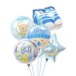 Cluster of baby-themed blue balloons with a teddy bear and baby boy designs