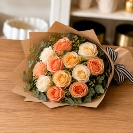 Peaches and Cream – Peach & Ivory Rose Bouquet (Same-Day Flower Delivery Los Angeles)