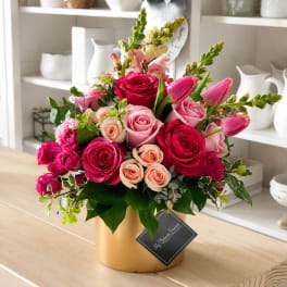 Shades of Pink – Pink Flower Arrangement in Gold Vase (Same-Day Delivery Los Angeles)