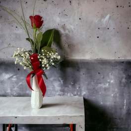 Single red rose in a white vase with baby's breath and a red ribbon
