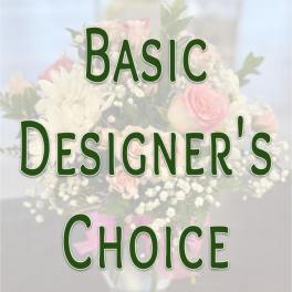 Text reading "Basic Designer's Choice" over a blurred floral bouquet