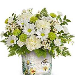 White daisies and green pom flowers in a painted glass vase