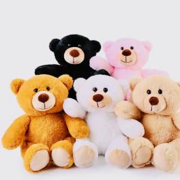Five plush teddy bears in black, pink, yellow, white, and beige