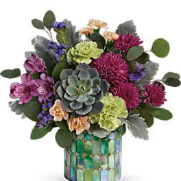Mixed bouquet in a mosaic glass vase with succulents and purple flowers