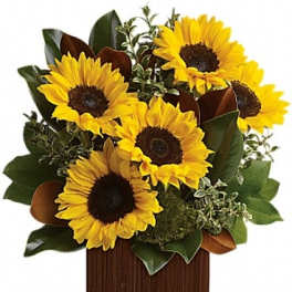 Sunflower bouquet in a wooden box vase