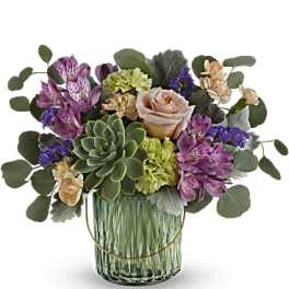 Mixed bouquet with a succulent in a glass vase