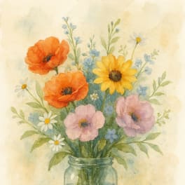 Watercolor bouquet of colorful flowers in a glass jar