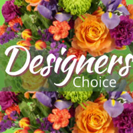 Colorful mixed flowers with "Designers Choice" text overlay