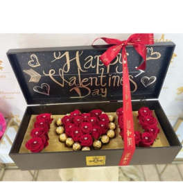 Heart-shaped rose gift box with chocolates and a Valentine’s Day message