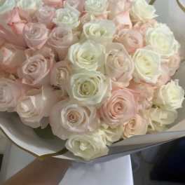 Bouquet of pale pink and white roses wrapped in white paper with gold trim